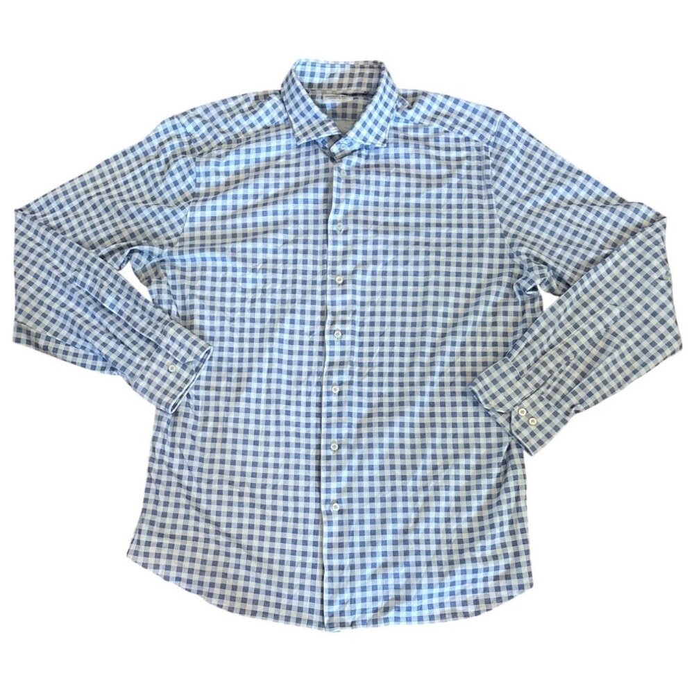 Emanuel Berg Shirt Mens Modern Fit Blue Checkered XL Soft Stretchy Long Sleeve